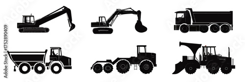 Silhouette set of heavy construction vehicles including excavator loader dump truck articulated truck bulldozer in black and white minimalist flat vector style