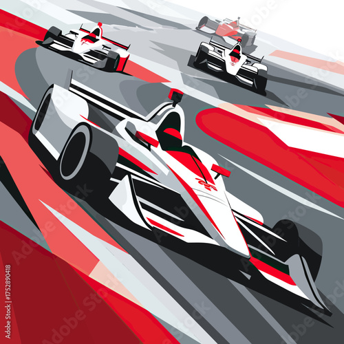 High speed Indycar race on curved track with three open wheel race cars in flat minimalist vector style using red gray and white colors for dynamic motion depiction and competition theme
