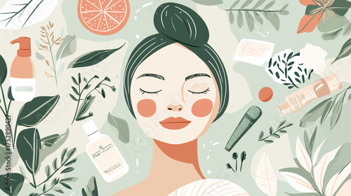Relaxed woman with towel wrapped hair surrounded by natural skincare products leaves and flowers flat minimalist vector illustration for beauty and self care concept