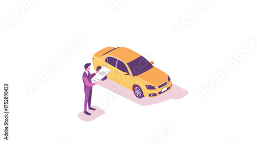 Isometric man reviewing yellow car insurance form next to modern sedan vehicle for auto protection and policy verification concept flat vector illustration