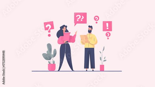 Two people discussing questions and answers with speech bubbles containing exclamation and question marks in flat minimalist vector style for online support concept