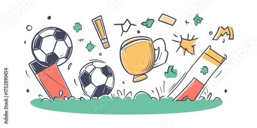 Hand drawn soccer doodle with whistle red card yellow card football ball cup trophy and grass minimalist sports equipment vector line sketch illustration