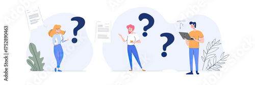Three people standing near large question marks with documents and tablet illustrating asking questions and seeking answers concept in minimalist flat style