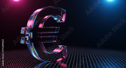 Illuminated euro symbol with vibrant neon lighting and a reflective surface
