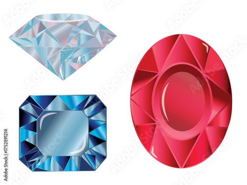 A set of precious stones diamond, ruby, and sapphire. Vector of gemstones of various shapes