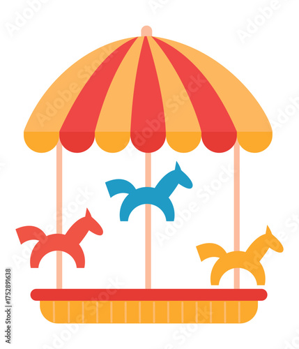Childrens carousel in flat style. Vector of a circus carousel with horses on a white background.