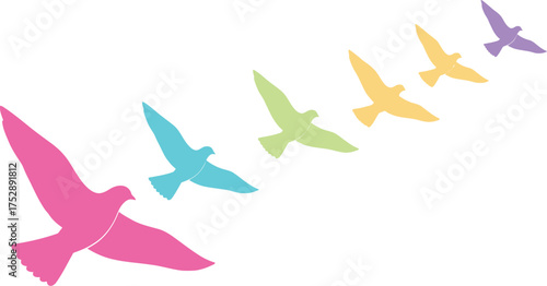 Colorful flock of birds soaring across a bright sky, symbolizing freedom and hope.