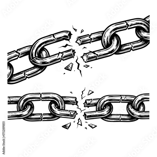 Heavy Broken Metal Chain Link Engraving Vector Illustration