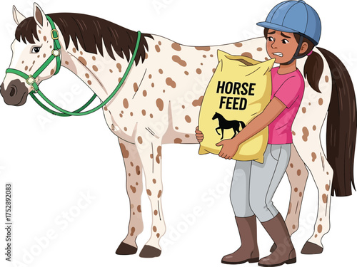 Young girl struggling to carry heavy bag of horse feed near dappled horse.