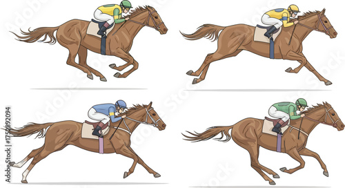Four thoroughbred horses and jockeys racing at speed in a competition.