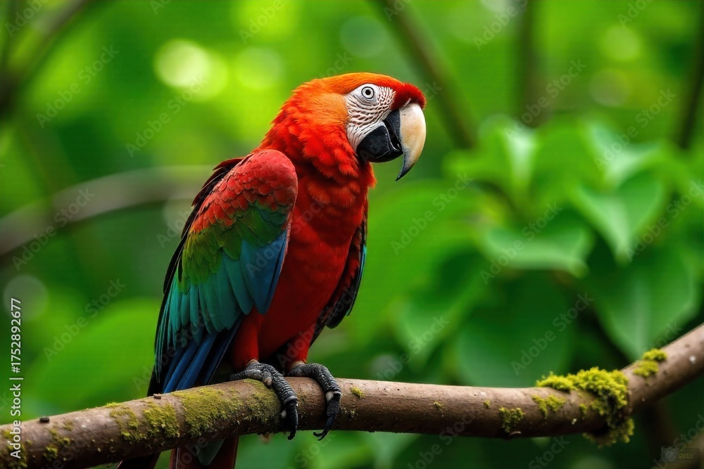 Obraz premium Majestic Macaw with a Distinctive Overbite in a Lush Rainforest Setting A close up, eye level, naturalistic photograph of a vibrant Scarlet Macaw perched on a mossy branch in a lush, sun dappled