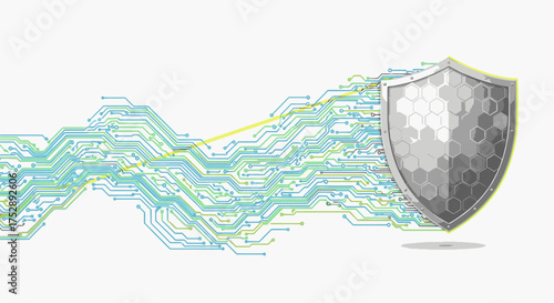 Cybersecurity concept showing a protective shield guarding a complex network of digital circuits.