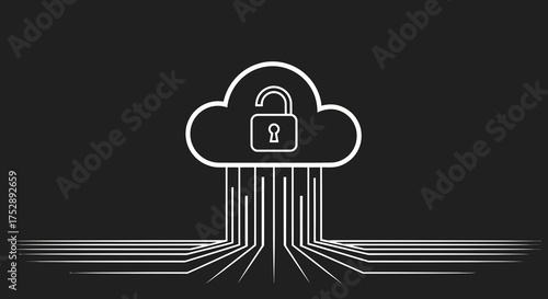 Conceptual illustration of a cloud security breach with an unlocked padlock icon representing data vulnerability and risk.