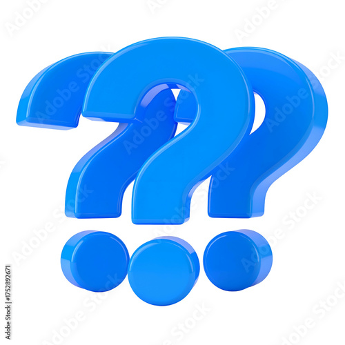 Three 3D glossy blue question marks, clustered, on a transparent background, slightly angled