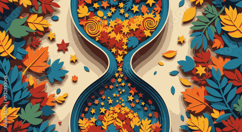 An artistic hourglass filled with vibrant autumn leaves symbolizing the passage of seasons and time.