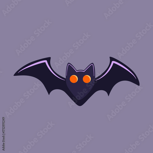 Dark bat with orange eyes flying on a gray background
