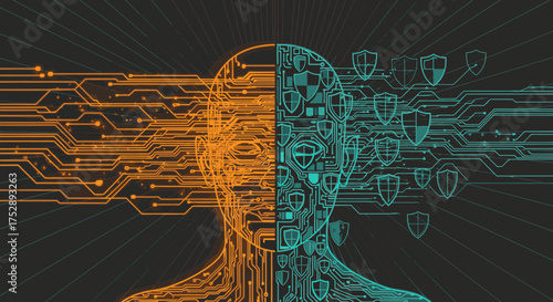 Abstract human head made of circuits, split between unprotected data and cybersecurity shields.