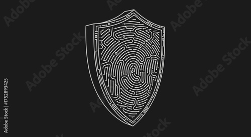 A 3D shield with a fingerprint maze pattern symbolizing digital security and identity protection.