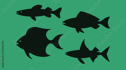 Stylized fish silhouettes swimming in formation against a vibrant green backdrop perfect for nautical themes and ocean life designs
