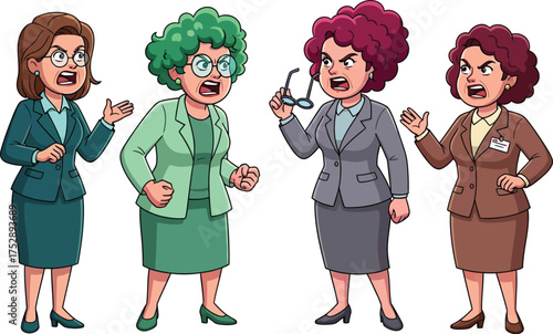 Four angry businesswomen arguing and expressing frustration in a confrontation