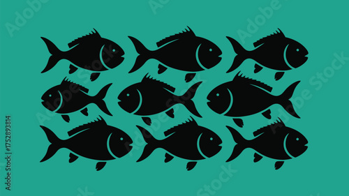 Bold shoal of fish swimming together in simple black silhouette against a cool teal background - perfect for nautical themes and minimalist designs