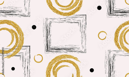 Seamless geometric pattern. Graphite black rectangles, golden circles and black circles on a white background.