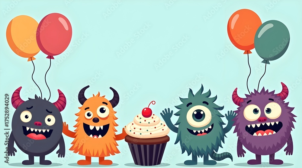 Obraz premium Cute Cartoon Monsters Celebrating Birthday with Cupcakes and Balloons, Cute Fantasy Monsters Having Fun at a Birthday Party or Halloween party, invetation card for halloween party, 