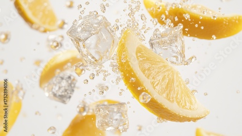 Dynamic splash of fresh lemon slices and crisp ice cubes creates an invigorating and refreshing beverage scene, perfect for summer drinks, healthy hydration, and cool advertisements
