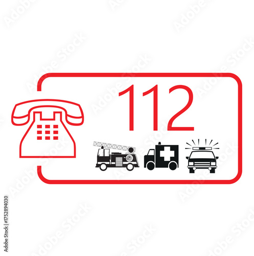 Emergency number 112. Call an ambulance, fire brigade or police. Emergency service vehicles. European 112 Day. Vector. Images produced without the use of any form of AI software at any stage.