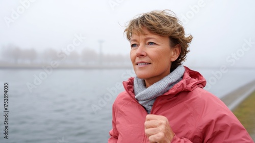 Woman jogging outdoors in rainy weather.