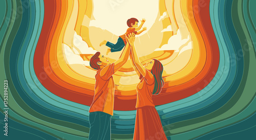 Loving parents lifting their child into a colorful, hopeful sky in a stylized illustration.