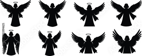 A collection of eight black vector silhouettes of angels, each with a halo and outstretched wings. The angels are depicted in various poses, suggesting movement and grace. 