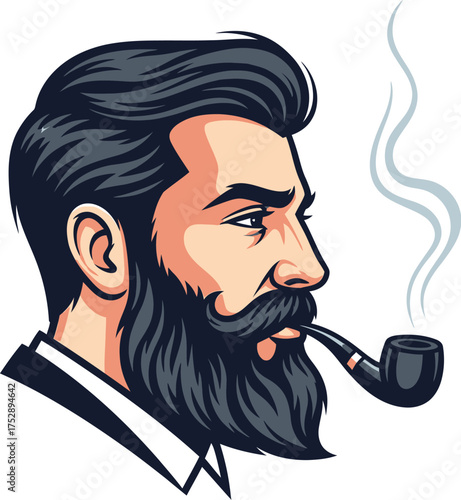 Dapper bearded man with mustache enjoys smoking a pipe, exuding a classic, refined style.