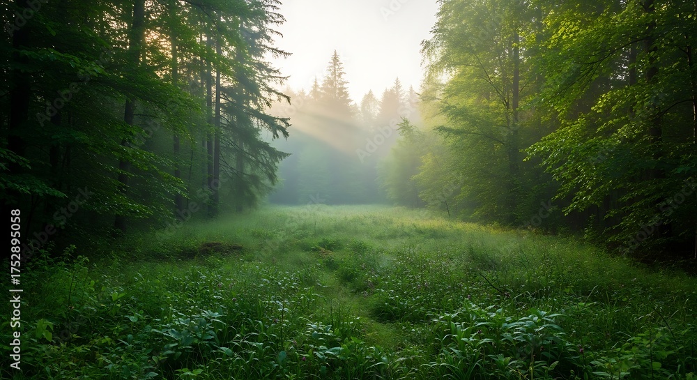 Obraz premium Magical sunbeams cut through the mist, illuminating a lush, vibrant green forest meadow at dawn, creating an enchanting and serene natural landscape.