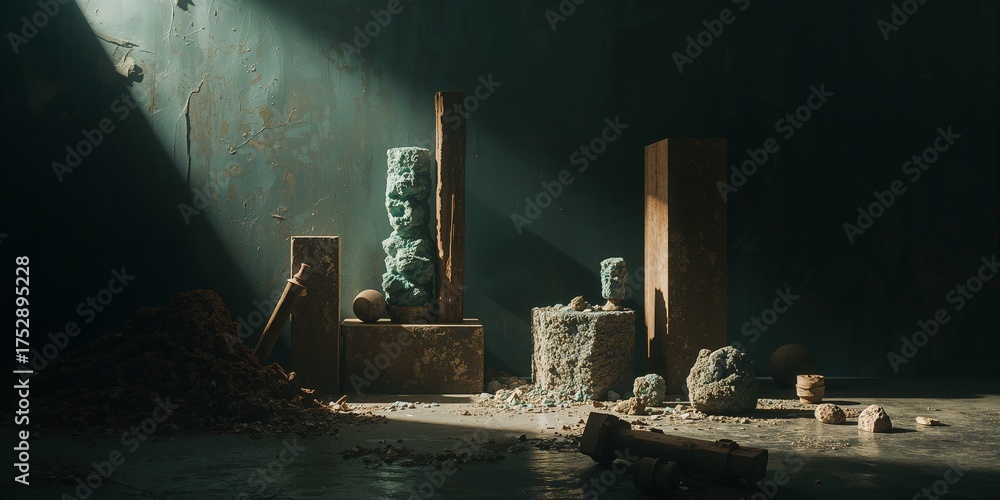 Obraz premium Moody industrial still life featuring weathered concrete blocks, corroded green textures, and dark wooden beams under stark directional lighting, evoking urban decay.
