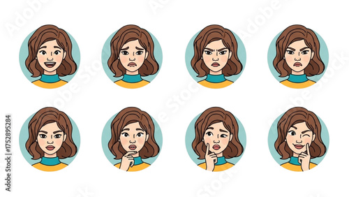 A diverse collection of female facial expressions showcasing various human emotions in a modern avatar set