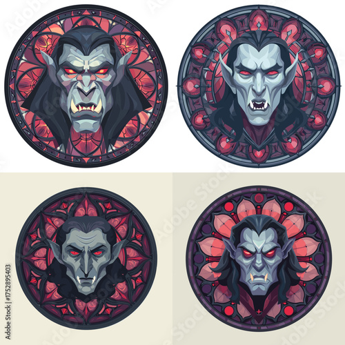 Dark gothic vampire portrait with red eyes inside stained-glass frame. Horror fantasy illustration perfect for Halloween design, gothic art, tattoo style, or vampire-themed posters.