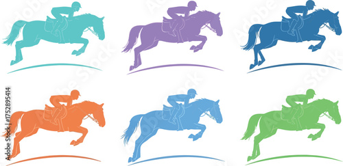 Dynamic equestrian silhouettes in vibrant colors, capturing the grace of jumping horses and riders.