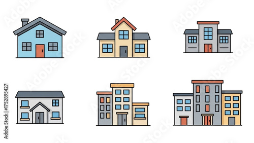 Set of Colorful Building Icons for Architectural Designs and Urban Concepts
