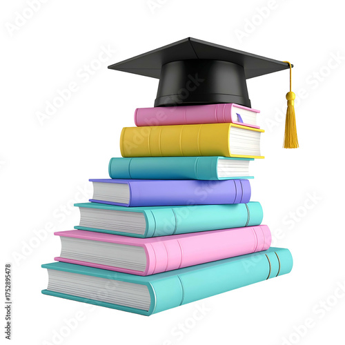 A stack of colorful books topped with a graduation cap, signifying education and achievement