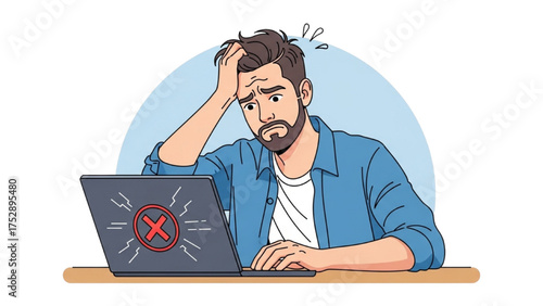Frustrated Man Experiencing Technology Issues with Laptop Computer Illustration
