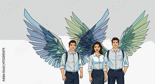 Three young professionals with large geometric wings symbolizing ambition and success.