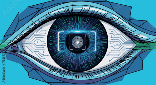 Stylized illustration of a cybernetic eye with glowing circuits and a biometric fingerprint scanner.