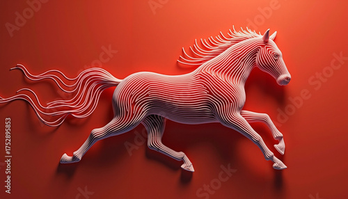 Abstract red line art composition forming the shape of a horse in motion against a minimal background
