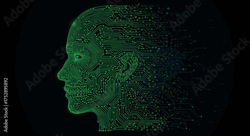 A human head profile made of green electronic circuit board patterns dissolving into fragments on a black background.