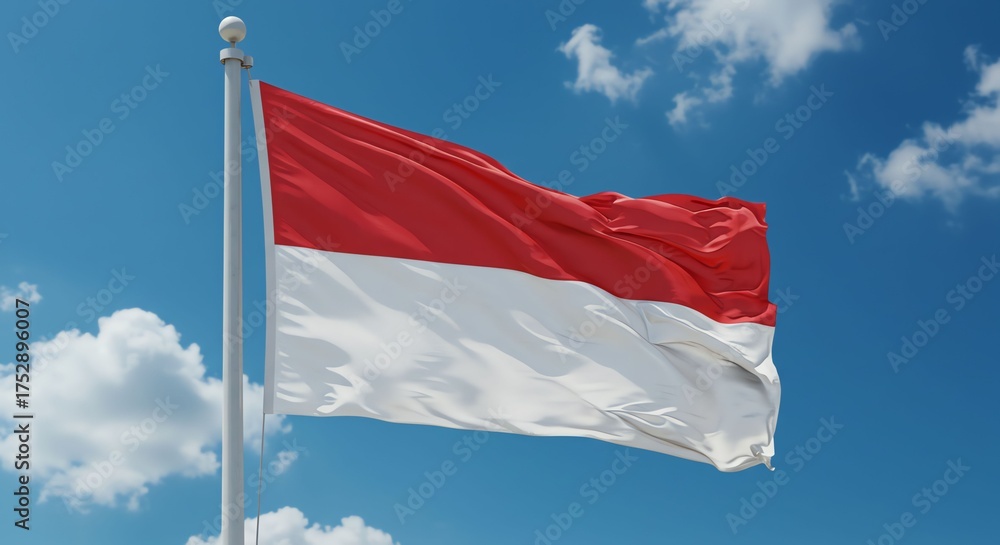 Naklejka premium Indonesian Flag Flying in Blue Sky with Clouds
