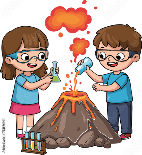 Children, science experiment, erupting volcano, chemistry, STEM activity, teamwork, goggles, test 
