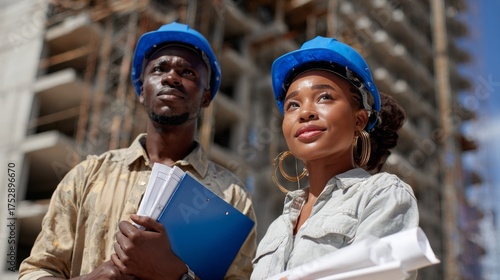 Woman and man in construction hard hats holding blueprints.