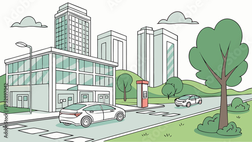 A cartoon illustration of a city street with buildings cars trees and clouds in a simple line drawing style