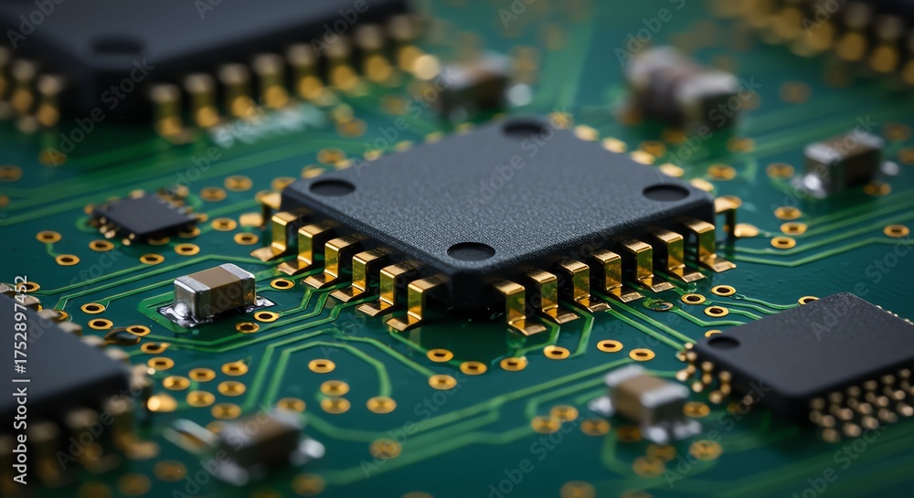 Obraz premium Close Up of Modern Computer Microchip on Green Circuit Board with Gold Contacts